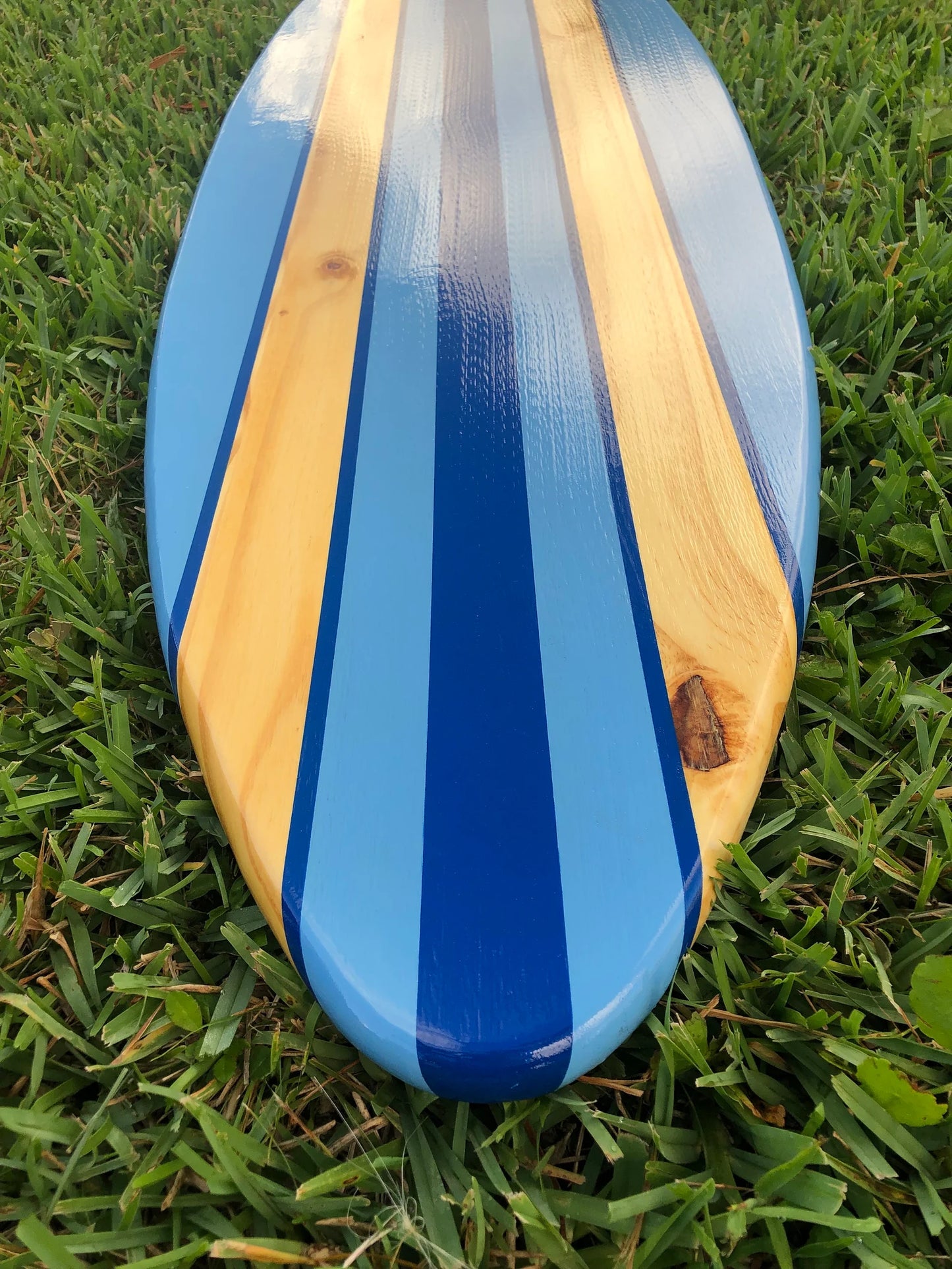 Blue Pinstripe Surfboard Wall Art & Decor | Customizable | Wood Surfboard Decor, Beach House Decor, Coastal Decor