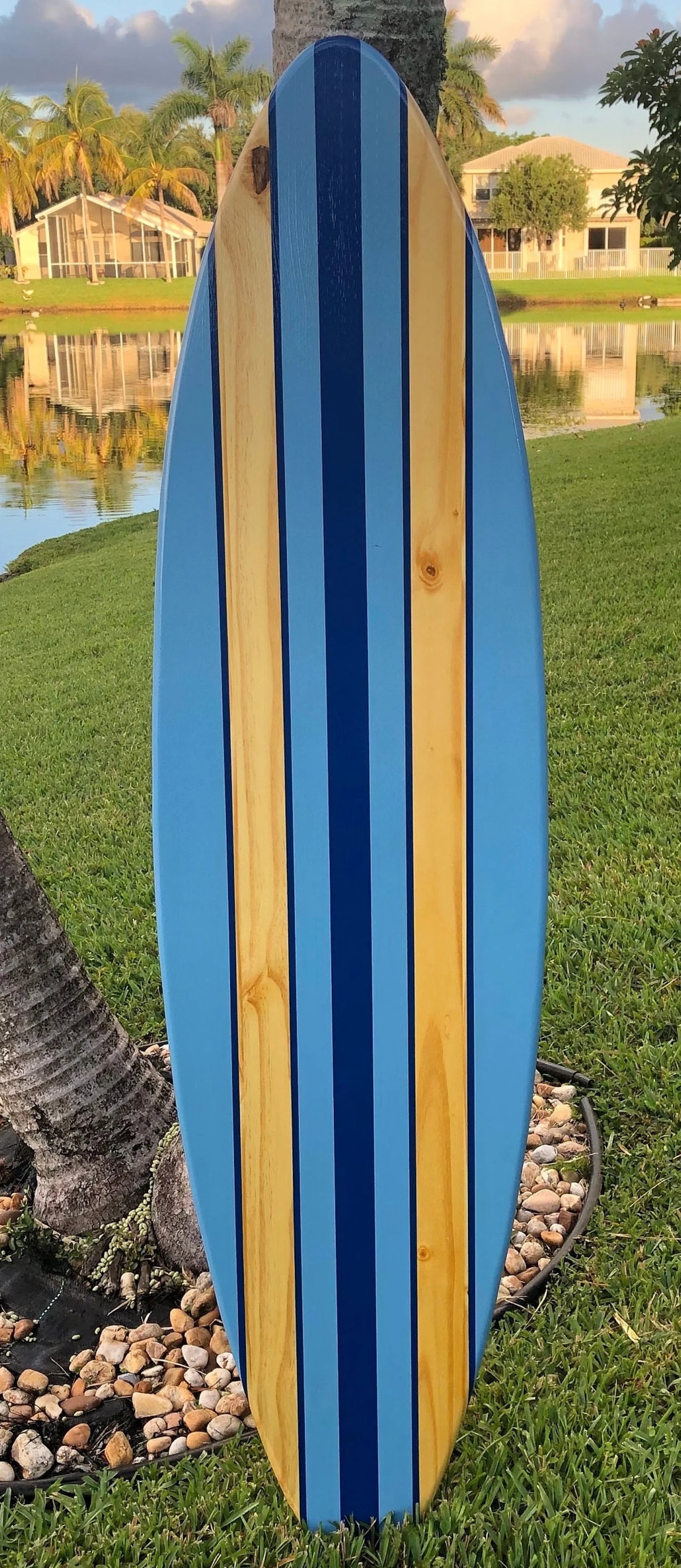 Blue Pinstripe Surfboard Wall Art & Decor | Customizable | Wood Surfboard Decor, Beach House Decor, Coastal Decor