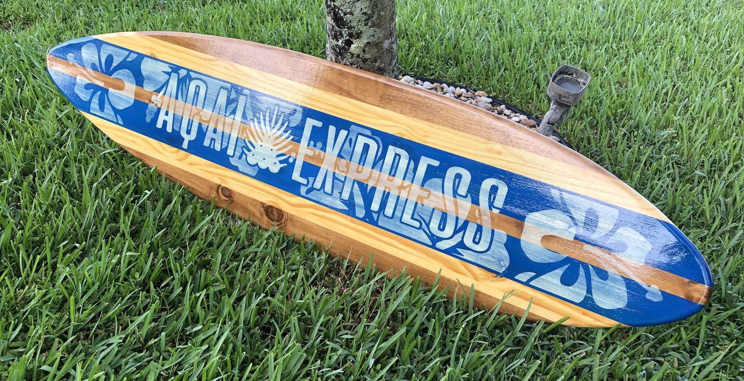 5ft ACAI EXPRESS blue distress horizontal Wooden Surfboard Artwork