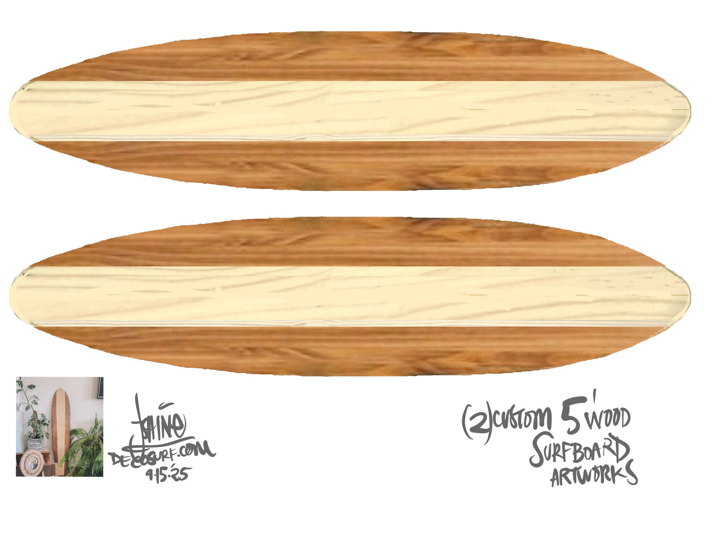 Two 5ft Custom Horizontal Neutral 2tone Wooden Surfboard Artworks