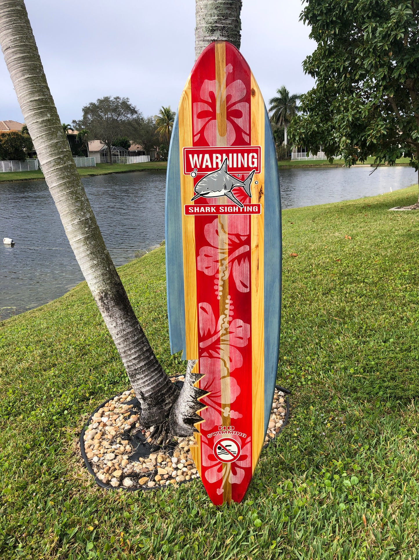 Vertical Red Shark Bite Surfboard Wood Wall Art & Decor | Customizable | Surfboard Decor, Beach House Decor, Coastal Decor
