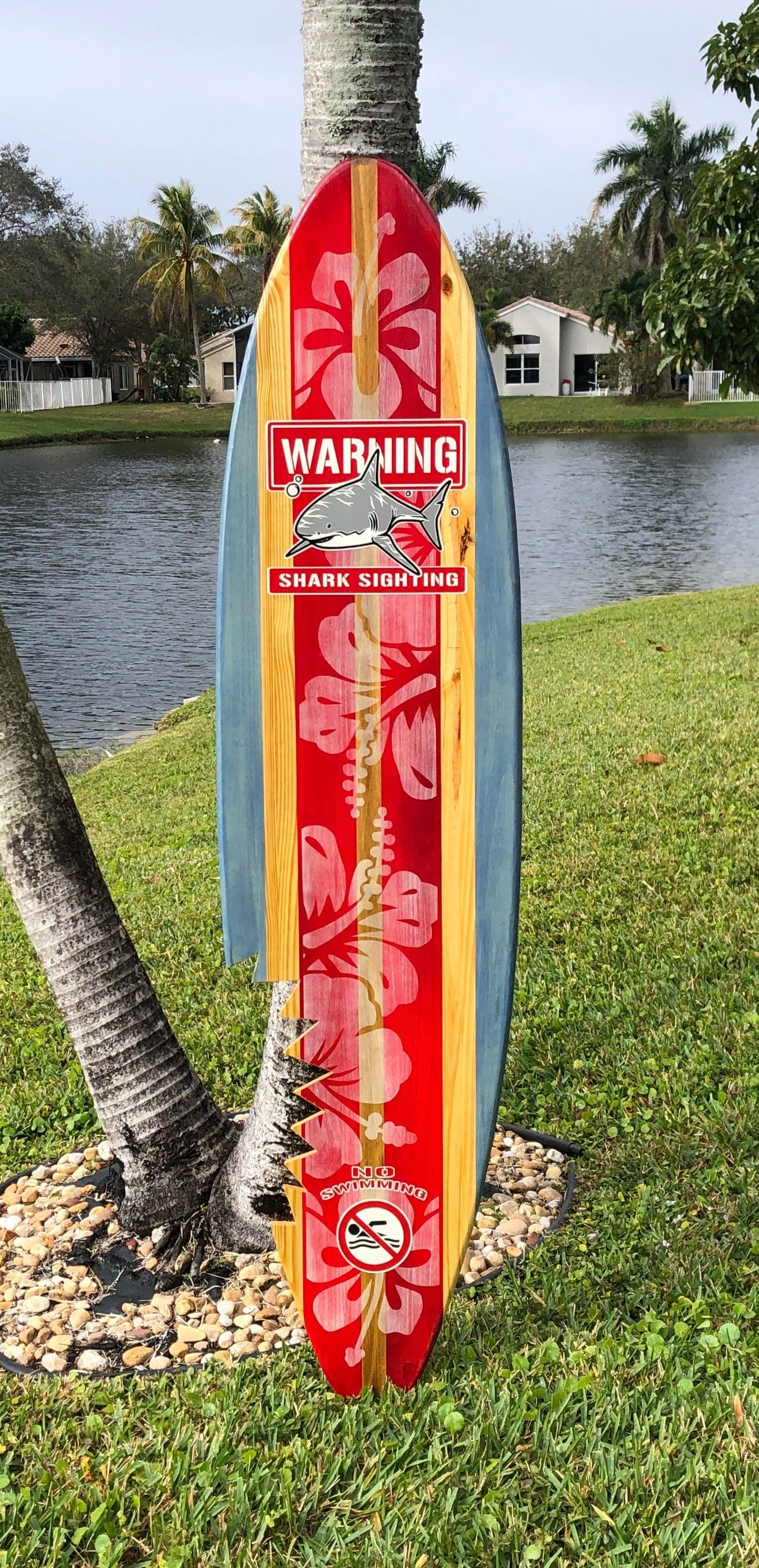 Vertical Red Shark Bite Surfboard Wood Wall Art & Decor | Customizable | Surfboard Decor, Beach House Decor, Coastal Decor