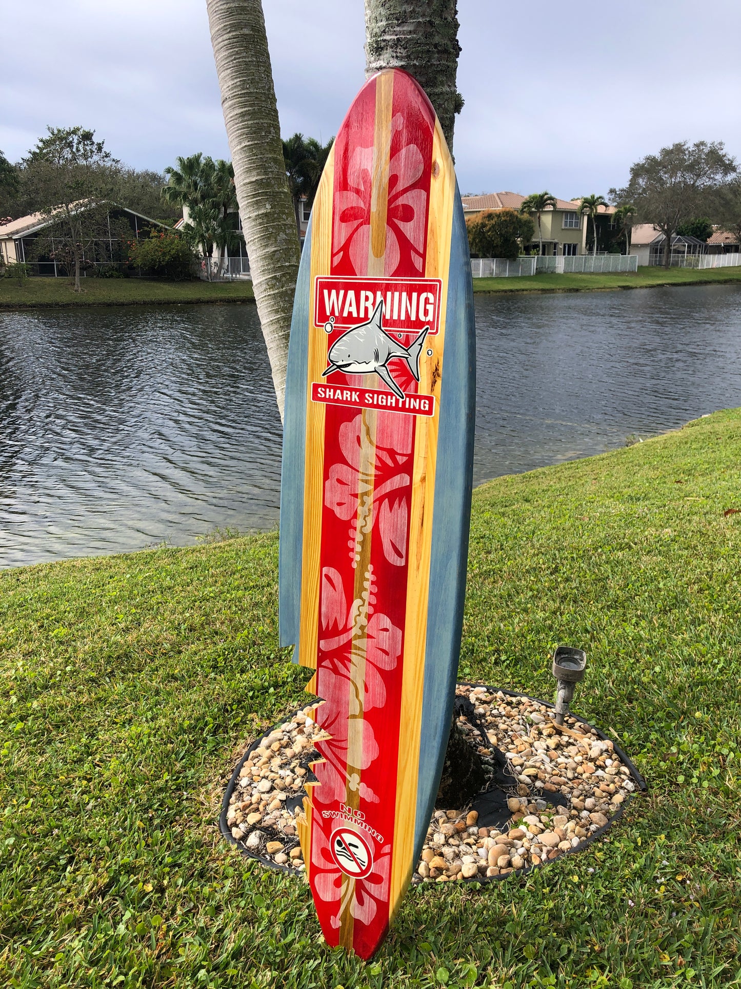 Vertical Red Shark Bite Surfboard Wood Wall Art & Decor | Customizable | Surfboard Decor, Beach House Decor, Coastal Decor