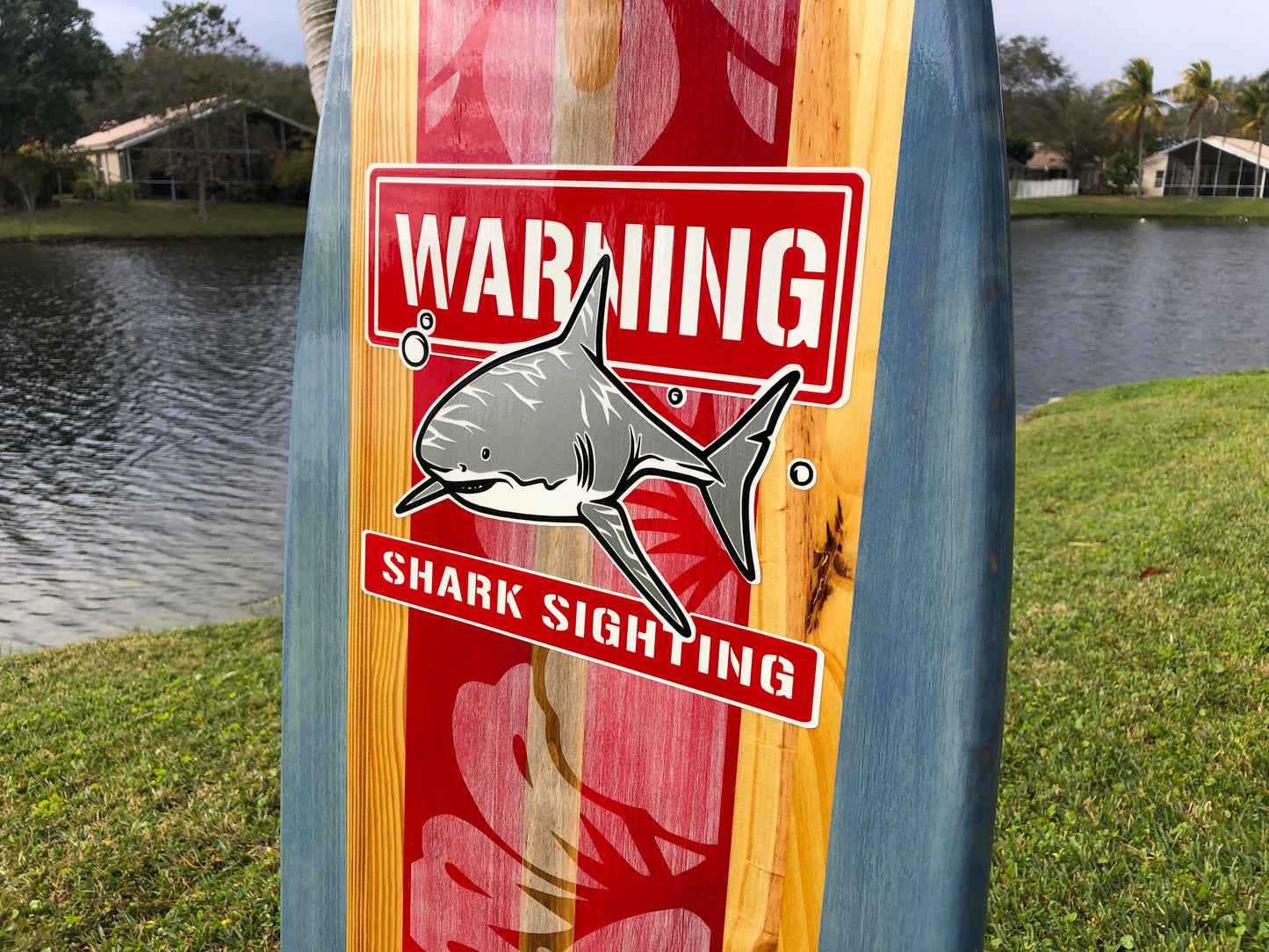Vertical Red Shark Bite Surfboard Wood Wall Art & Decor | Customizable | Surfboard Decor, Beach House Decor, Coastal Decor