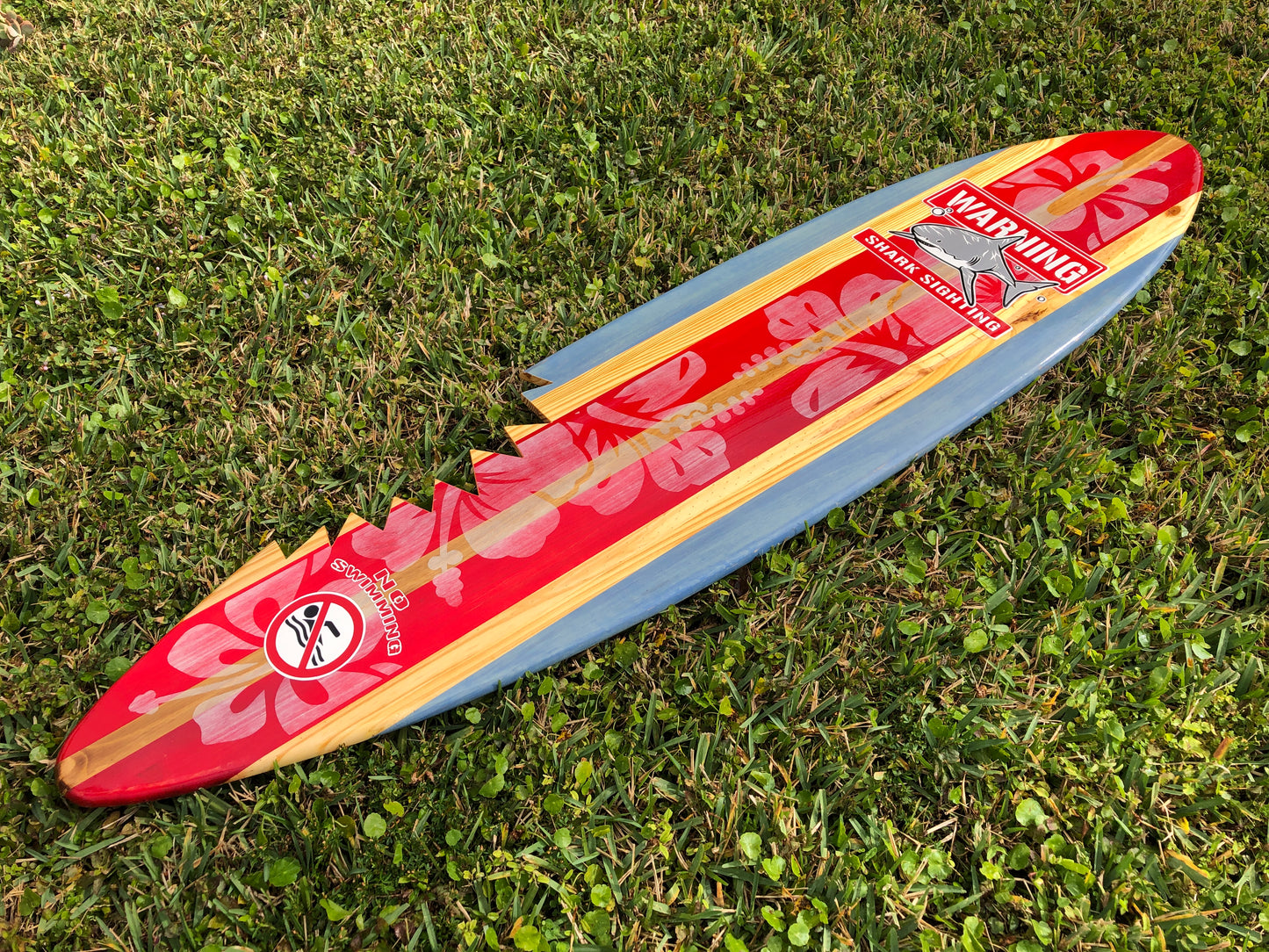Vertical Red Shark Bite Surfboard Wood Wall Art & Decor | Customizable | Surfboard Decor, Beach House Decor, Coastal Decor