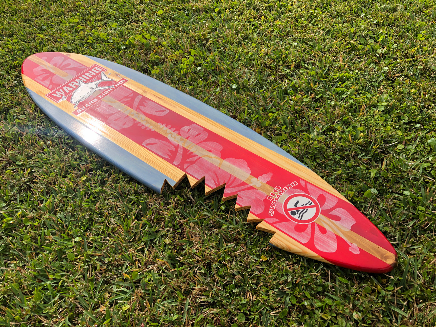 Vertical Red Shark Bite Surfboard Wood Wall Art & Decor | Customizable | Surfboard Decor, Beach House Decor, Coastal Decor