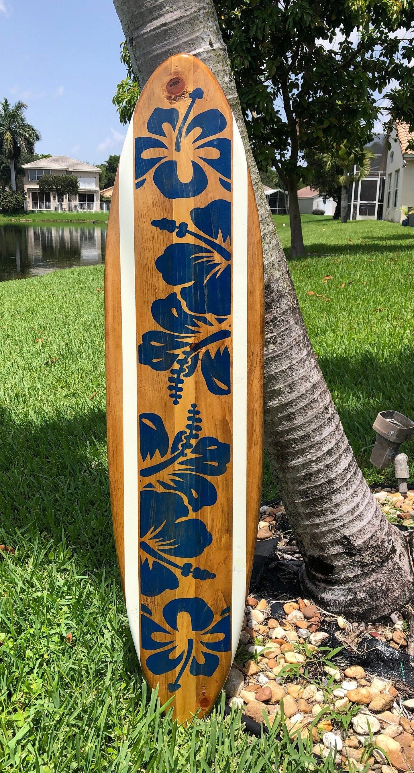Blue Hibiscus Distressed Surfboard Wooden Wall Art- Luxury Coastal Decor- Customizable 2-6ft sizes Available- Beach House Home Decor
