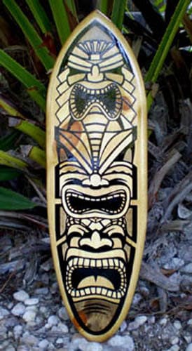 Natural Toned Tribal Tiki Vertical Wood Surfboard Decorative Wall Art- Tropical Tribal Beach House Tiki Decor