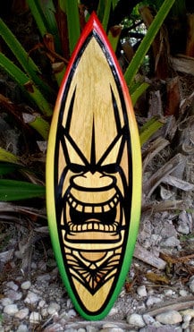 Tropical Tiki Vertical Wood Surfboard Decorative Wall Art- Tropical Tribal Beach House Tiki Decor