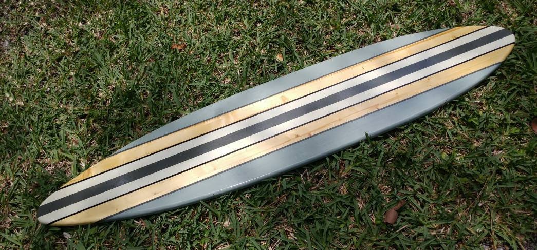 Modern Grey Pinstripe Surfboard Wood Wall Art & Decor | Customizable | Surfboard Decor, Beach House Decor, Coastal Decor