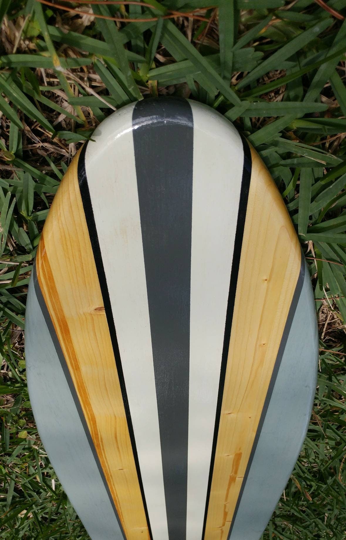 Modern Grey Pinstripe Surfboard Wood Wall Art & Decor | Customizable | Surfboard Decor, Beach House Decor, Coastal Decor