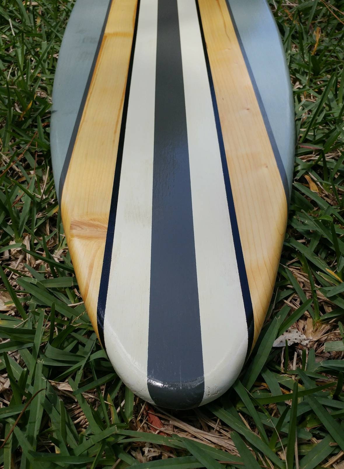 Modern Grey Pinstripe Surfboard Wood Wall Art & Decor | Customizable | Surfboard Decor, Beach House Decor, Coastal Decor