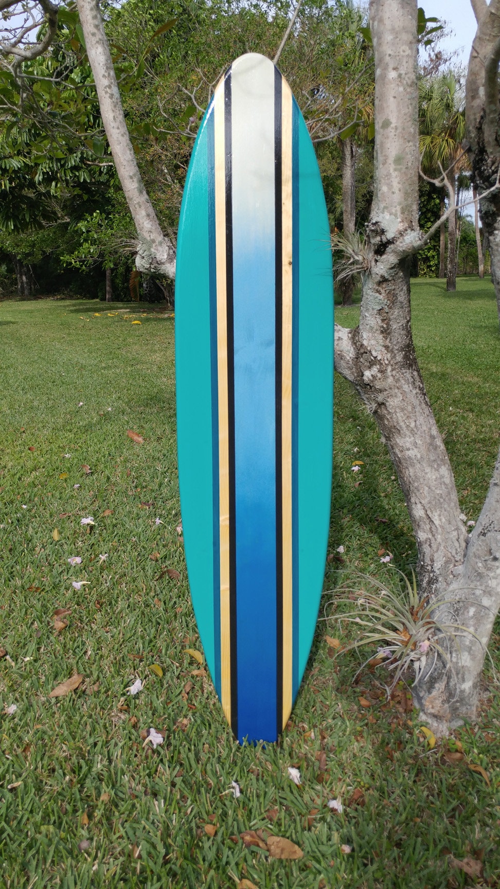 Aqua Rail with Ocean Blue Fade Surfboard Wall Art & Decor | Customizable | Wood Surfboard Decor, Beach House Decor, Coastal Decor