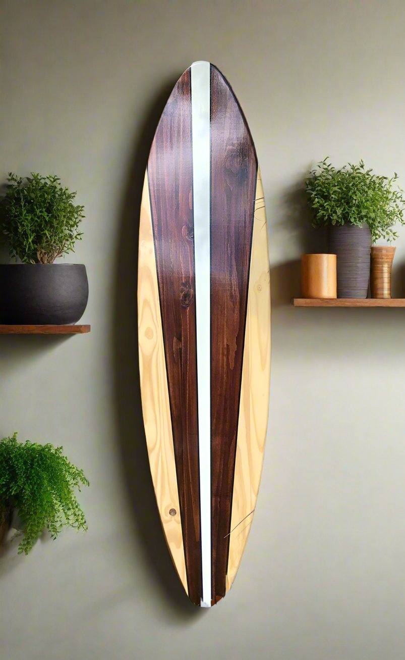 Chocolate Taper Wooden Surfboard Wall Art Home Decor- Customizable 4-6 foot Sizes Available- Handmade Modern Beach House Surfboard Decor