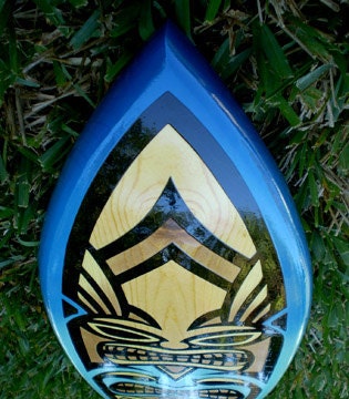 Blue Tiki Surfboard Decorative Wall Art, Vertical- Customizable- Solid Wood Surfboard Design, Interior Design, Tiki Bar Decor, Beach House