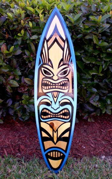 Blue Tiki Surfboard Decorative Wall Art, Vertical- Customizable- Solid Wood Surfboard Design, Interior Design, Tiki Bar Decor, Beach House