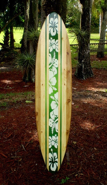 Green Tropical Vintage Style Solid Wood Surfboard Wall Art- Customizable- 2-6 foot Sizes Available- Beach House Decor, Office and Home Decor