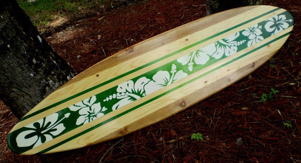 Green Tropical Vintage Style Solid Wood Surfboard Wall Art- Customizable- 2-6 foot Sizes Available- Beach House Decor, Office and Home Decor