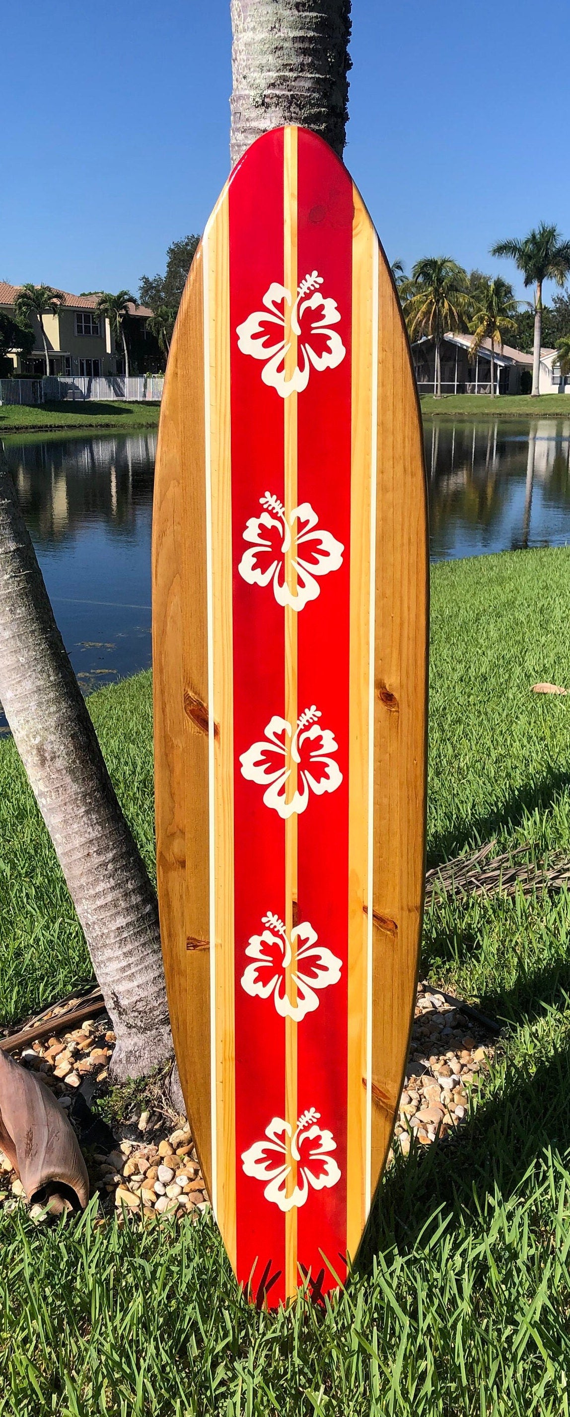 5 Flower Special- Red Classic Wooden Surfboard Artwork Wall Decor- 2-6 foot Sizes Available- Beach House Decor, Office Decor, Beach Vibes