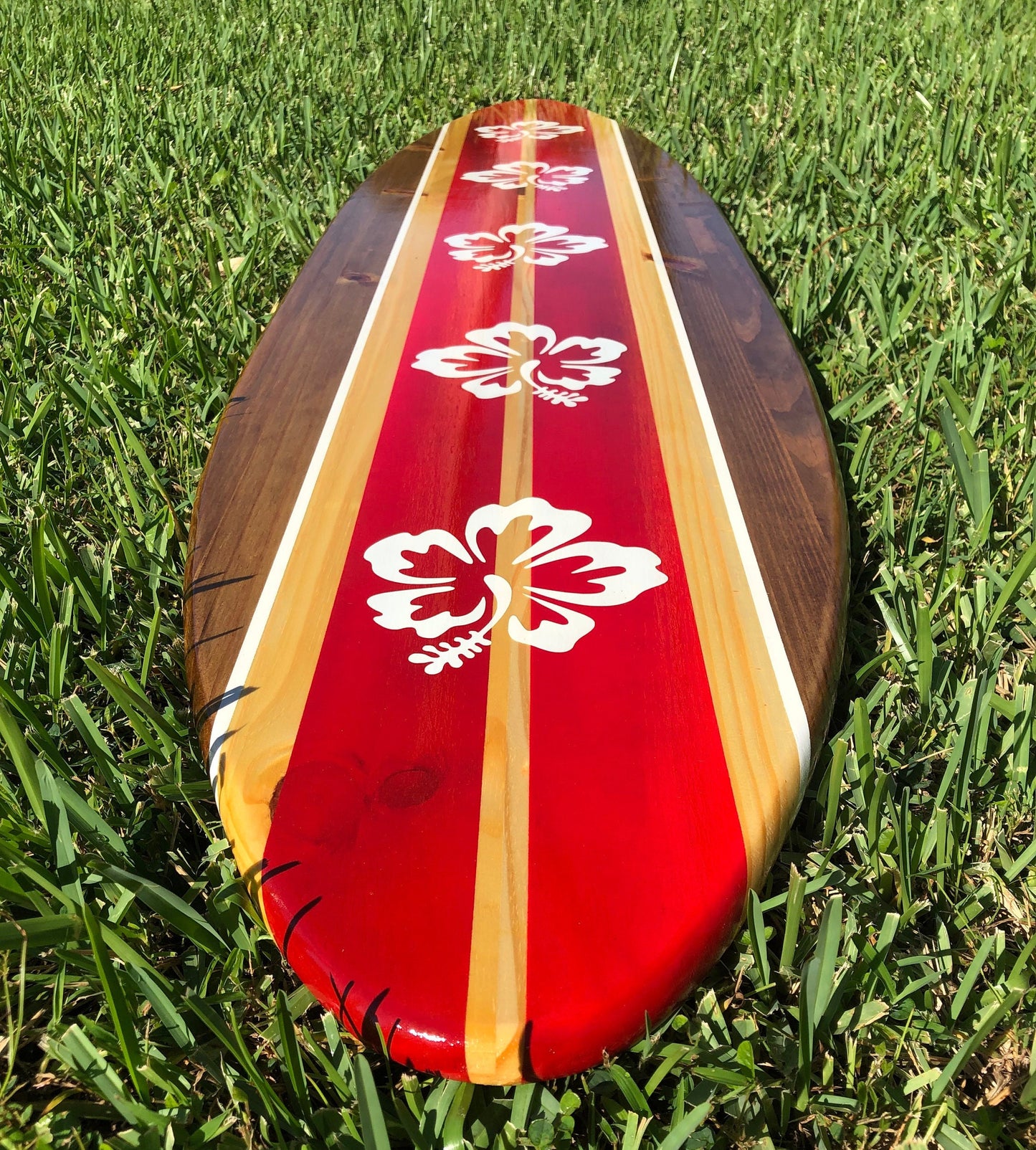 5 Flower Special- Red Classic Wooden Surfboard Artwork Wall Decor- 2-6 foot Sizes Available- Beach House Decor, Office Decor, Beach Vibes