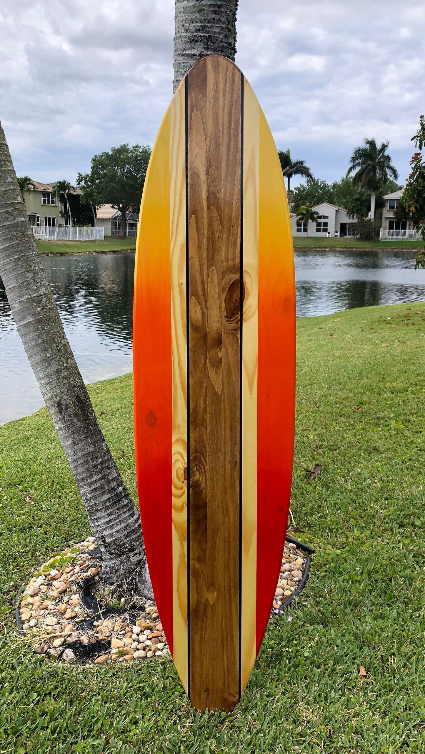 Tropical Sunset Surfboard Wood Wall Art & Decor | Customizable | Wood Surfboard Decor, Beach House Decor, Coastal Decor