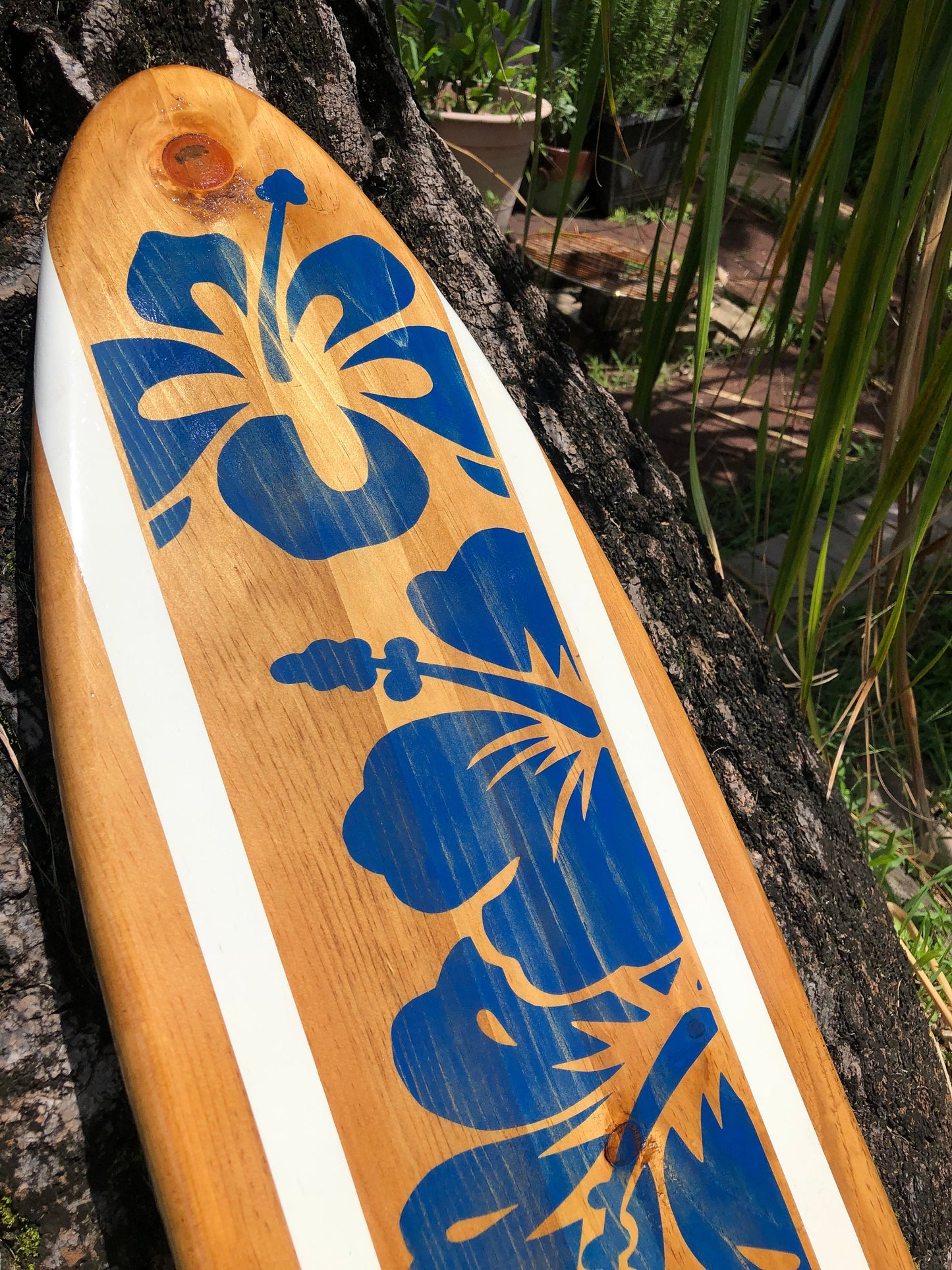 Blue Hibiscus Distressed Surfboard Wooden Wall Art- Luxury Coastal Decor- Customizable 2-6ft sizes Available- Beach House Home Decor