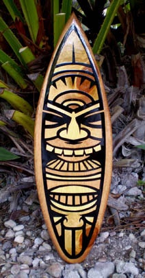 Natural Toned Tiki Wooden Surfboard Wall Art & Decor | Customizable | Surfboard Decor, Beach House Decor, Coastal Decor
