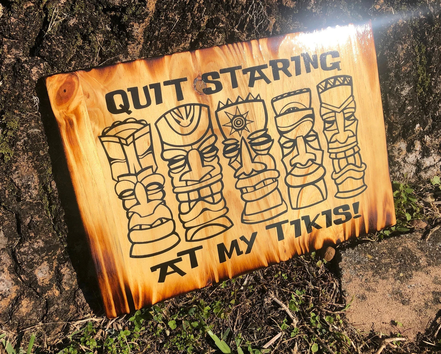 Quit Staring At My Tikis Wooden Artwork | Hand-Crafted Tiki Bar Decoration and Original Artwork | Tiki Bar, Patio Decor, Beach House Decor