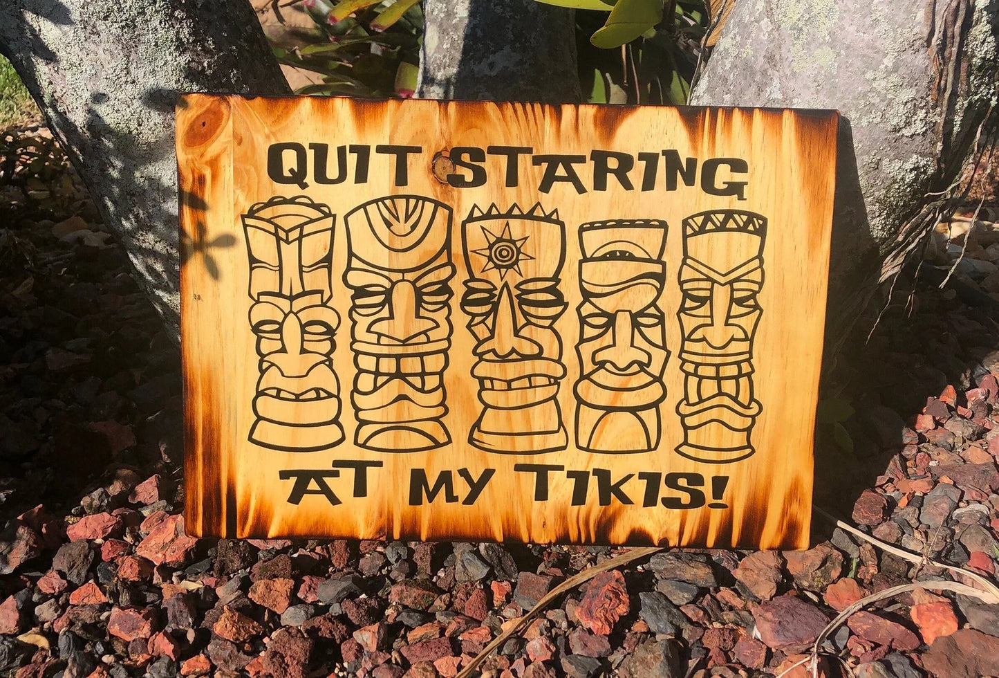 Quit Staring At My Tikis Wooden Artwork | Hand-Crafted Tiki Bar Decoration and Original Artwork | Tiki Bar, Patio Decor, Beach House Decor