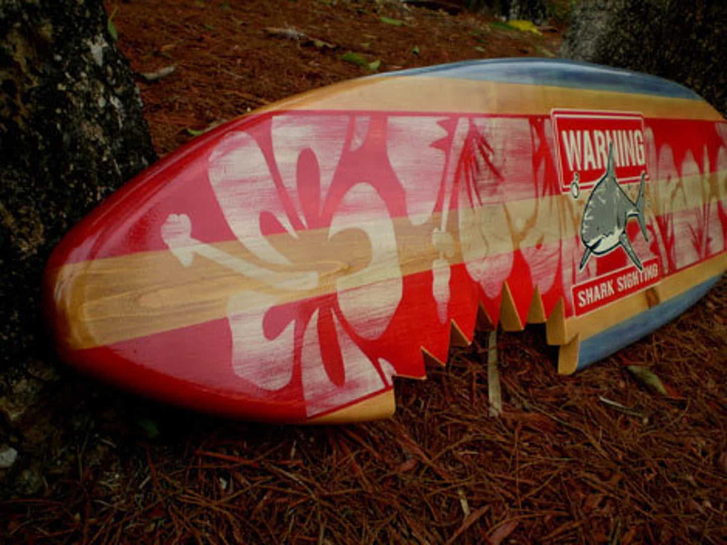 Horizontal Red Shark Bite Surfboard Wood Wall Art & Decor | Customizable | Surfboard Decor, Beach House Decor, Coastal Decor