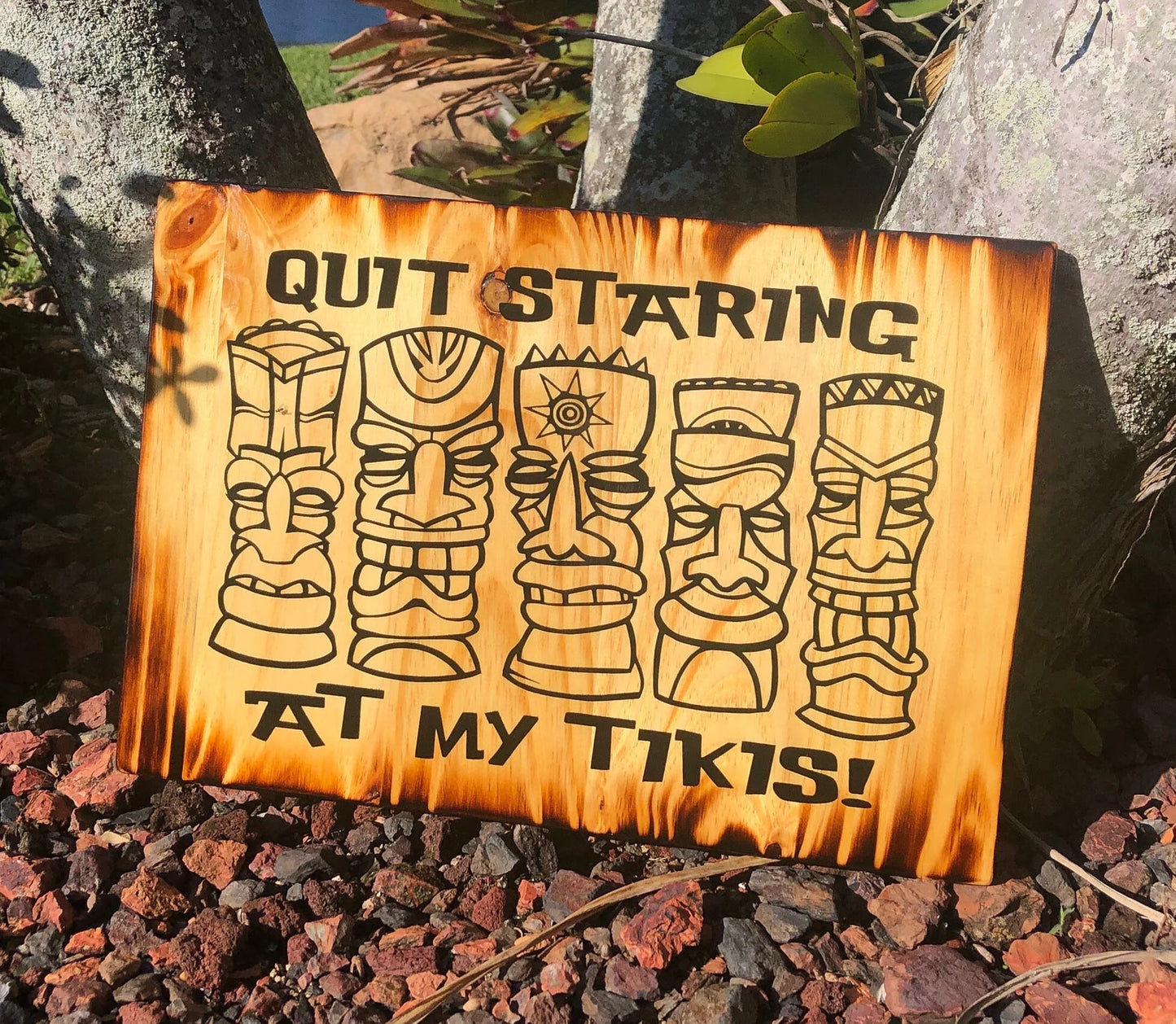 Quit Staring At My Tikis Wooden Artwork | Hand-Crafted Tiki Bar Decoration and Original Artwork | Tiki Bar, Patio Decor, Beach House Decor