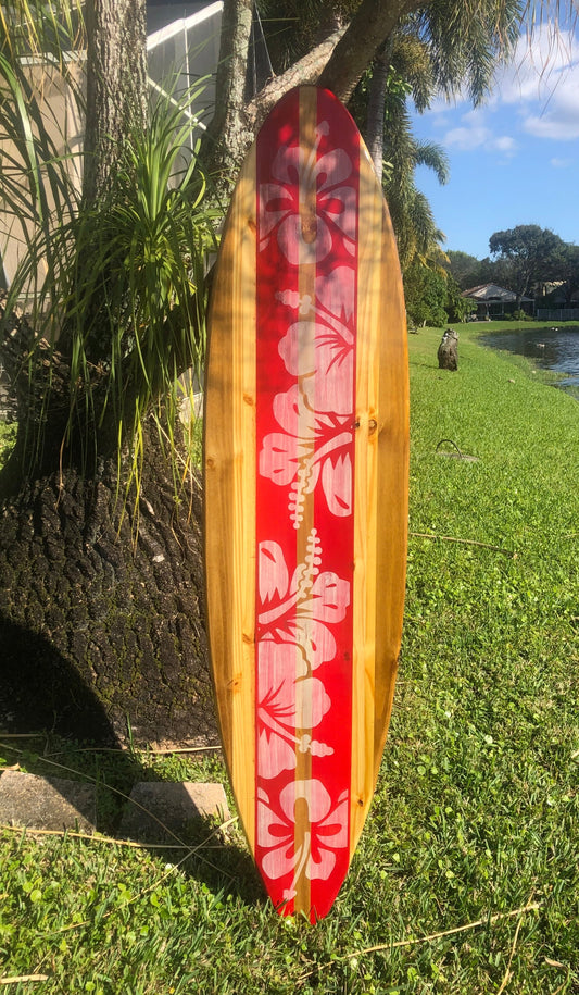 Red Vintage Distressed Style Surfboard Wall Art & Decor | Customizable | Wood Surfboard Decor, Beach House Decor, Coastal Decoration