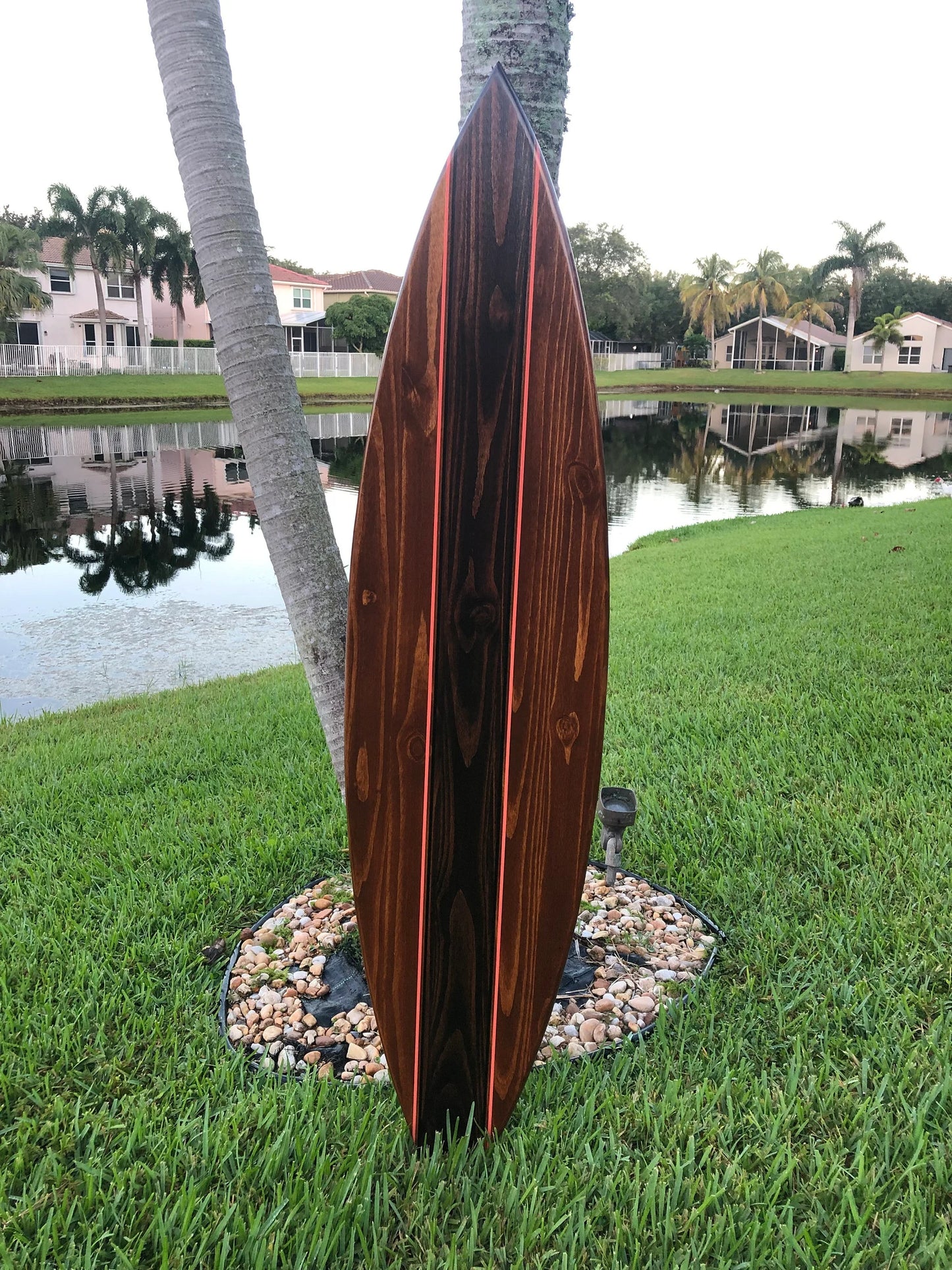 Coral Pinstripe Hybrid Surfboard Wood Wall Art & Decor | Customizable | Surfboard Decor, Beach House Decor, Coastal Decor