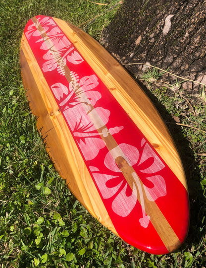 Red Vintage Distressed Style Surfboard Wall Art & Decor | Customizable | Wood Surfboard Decor, Beach House Decor, Coastal Decoration