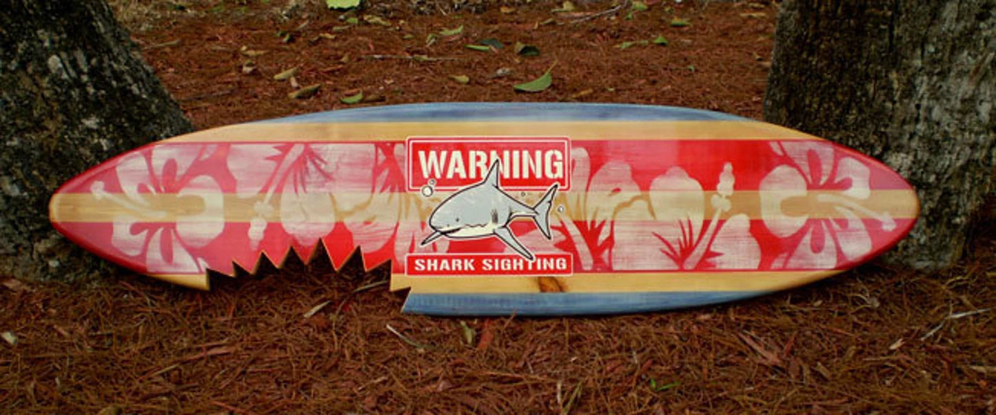 Horizontal Red Shark Bite Surfboard Wood Wall Art & Decor | Customizable | Surfboard Decor, Beach House Decor, Coastal Decor