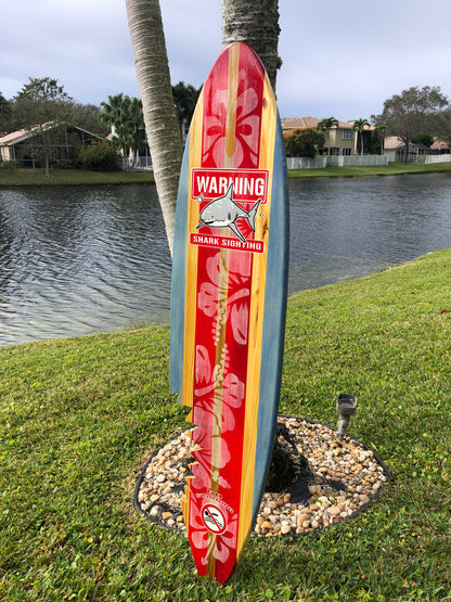 Vertical Red Shark Bite Surfboard Wood Wall Art & Decor | Customizable | Surfboard Decor, Beach House Decor, Coastal Decor