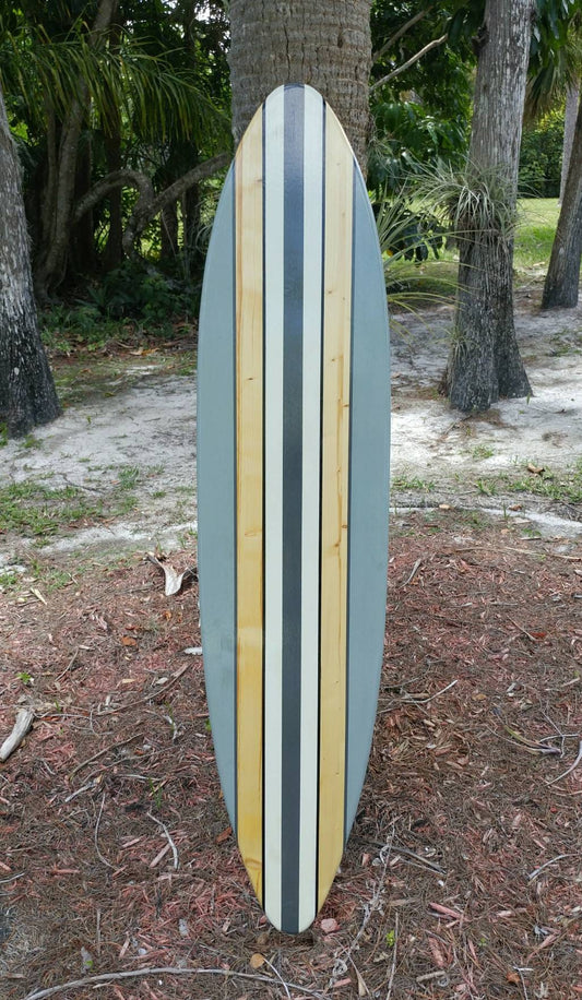 Modern Grey Pinstripe Surfboard Wood Wall Art & Decor | Customizable | Surfboard Decor, Beach House Decor, Coastal Decor