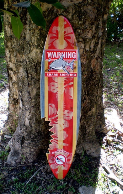 Vertical Red Shark Bite Surfboard Wood Wall Art & Decor | Customizable | Surfboard Decor, Beach House Decor, Coastal Decor