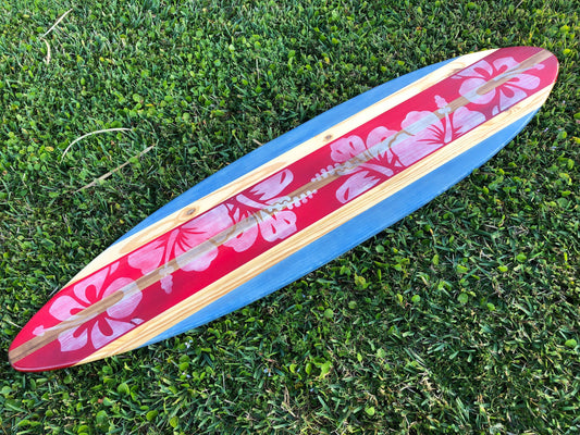 Vintage Red Distressed Surfboard Wall Art & Decor | Customizable | Wood Surfboard Decor, Beach House Decor, Coastal Decor, Flower Surfboard