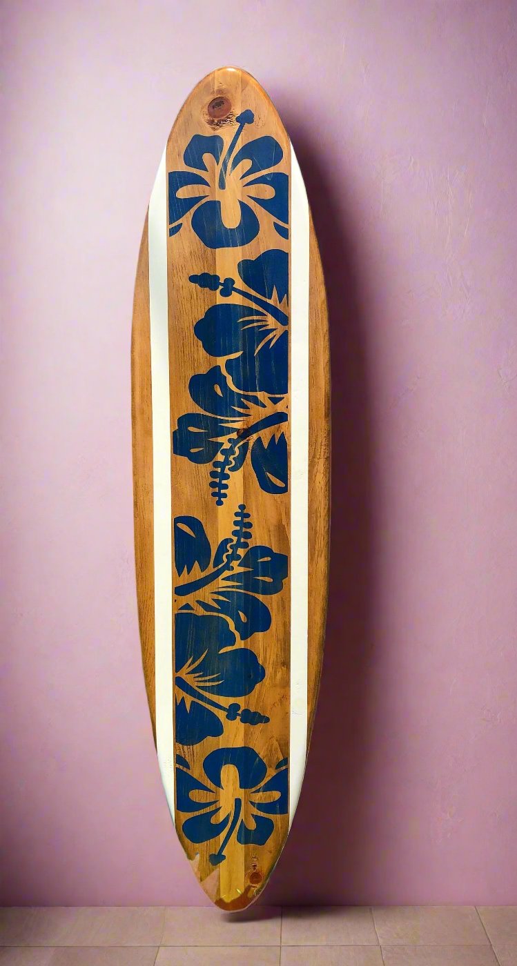Blue Hibiscus Distressed Surfboard Wooden Wall Art- Luxury Coastal Decor- Customizable 2-6ft sizes Available- Beach House Home Decor