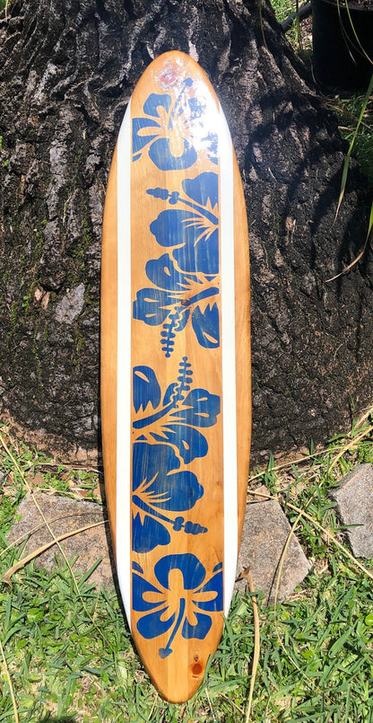 Blue Hibiscus Distressed Surfboard Wooden Wall Art- Luxury Coastal Decor- Customizable 2-6ft sizes Available- Beach House Home Decor